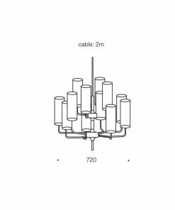Line drawing of the Decrola 12 light pendant with cylindrical shades, labeled "cable: 2m" above and "720" below to show dimensions in millimeters for this stylish multi-arm chandelier.