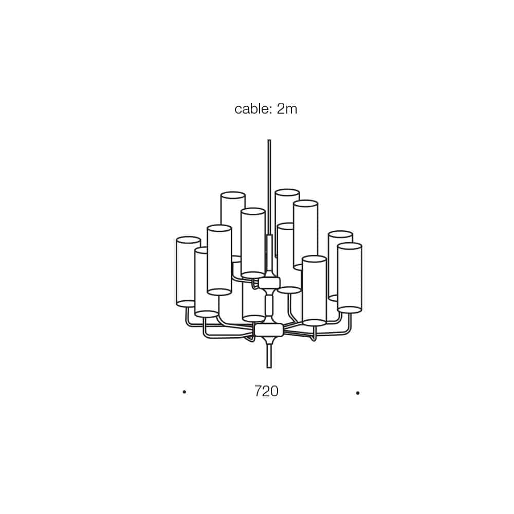 Line drawing of the Decrola 12 light pendant with cylindrical shades, labeled "cable: 2m" above and "720" below to show dimensions in millimeters for this stylish multi-arm chandelier.
