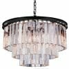 The Odeon 6 light pendant features a tiered black circular frame with hanging rectangular crystal prisms, suspended by a chain.