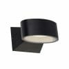 The Quebec black exterior wall light features a circular shade and rectangular base, offering a modern design elegantly displayed against a white background.