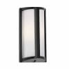 The Regina black exterior is a wall-mounted light fixture featuring a metal frame and frosted glass panel, providing soft illumination.
