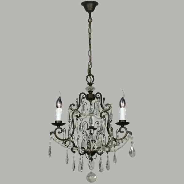 The Salzburg 3 crystal chandelier features ornate black metal, two candle-shaped bulbs, and hanging crystals, displayed against a plain gray background.