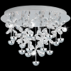 The Pianopoli Crystals CTC ceiling light features elegant crystal flower designs and multiple hanging chrome spheres, casting bright illumination against a black background.