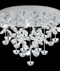 The Pianopoli Crystals CTC ceiling light features elegant crystal flower designs and multiple hanging chrome spheres, casting bright illumination against a black background.