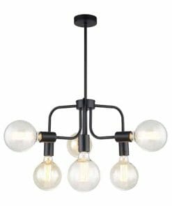 The Hexa 6 light pendant features a black metal frame with five exposed round bulbs in a geometric arrangement, suspended from a ceiling mount.