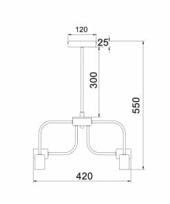 Technical drawing of the Hexa 6 light pendant with dimensions: height 550 mm, width 420 mm, ceiling mount 120 mm x 25 mm, and rod length 300 mm.