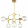 The Hexa 6 light pendant features a gold finish, five exposed round bulbs on short arms, and is suspended from a central rod.
