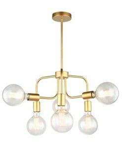 The Hexa 6 light pendant features a gold finish, five exposed round bulbs on short arms, and is suspended from a central rod.