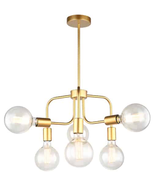 The Hexa 6 light pendant features a gold finish, five exposed round bulbs on short arms, and is suspended from a central rod.