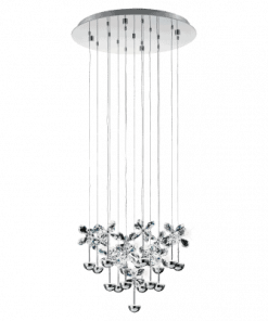The Pianopoli Crystals CTC chandelier features multiple clear glass pendants clustered together, elegantly suspended by thin wires from a round ceiling mount.