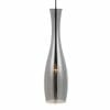 The Conie clear pendant showcases a sleek, modern glass silhouette with a narrow neck and wider base, suspended elegantly by a black cord.