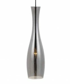 The Conie clear pendant showcases a sleek, modern glass silhouette with a narrow neck and wider base, suspended elegantly by a black cord.