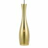 The Conie clear pendant is a tall, slender light fixture with a smooth, gold metallic finish and reflective surface, suspended from a black cord.