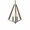 The Graf 8 timber pendant is a modern light fixture with two exposed bulbs, a metal base, angled timber accents, and is suspended by a chain.