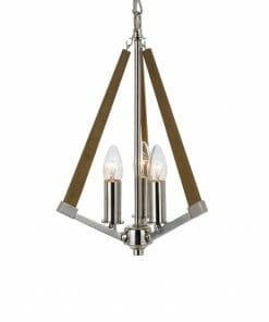The Graf 8 timber pendant is a modern light fixture with two exposed bulbs, a metal base, angled timber accents, and is suspended by a chain.