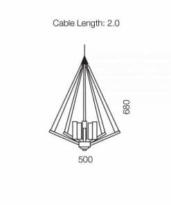 Line drawing of the Graf 5 timber pendant, featuring a 2.0 m cable, 500 mm width, and 680 mm height.