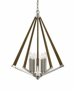 The Graf 8 timber pendant features a brushed nickel frame, brown wood accents, and six exposed candle-style bulbs hanging by a chain—a stylish statement piece to elevate any space.
