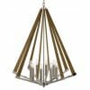 The Graf 8 timber pendant features wooden slats in a geometric frame and eight exposed candle-style bulbs on a sleek metal base.