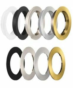 Ten round metal rings in white, black, silver, gold, and bronze are displayed in two rows on a white background—ideal trim options for the Royster 9wt downlight.