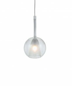 The Lapin 1 pendant smoke features a clear glass round shade with a single bulb, suspended by a cord. Its modern design adds sleek elegance to any space, showcased here against a white background.
