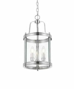 The Newark 3 black pendant is a cylindrical light featuring a polished metal frame, clear glass panels, and three candle-style bulbs inside.