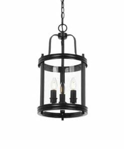 The Newark 3 black pendant is a striking light fixture with three candle-style bulbs, suspended from a chain, and showcasing an elegant metal and glass design.