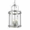 The Newark 4 Chrome Pendant features a polished metal and glass lantern design with four candle-style bulbs, elegantly hung by a chain.