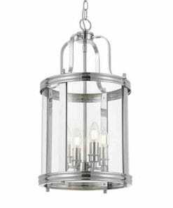 The Newark 4 Chrome Pendant features a polished metal and glass lantern design with four candle-style bulbs, elegantly hung by a chain.