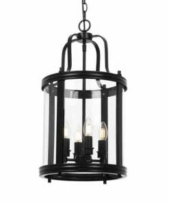 The Newark 3 black pendant features a metal frame with clear glass panels and three exposed candle-style bulbs, adding elegance to any space.