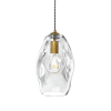 The Organic large pendant features a clear glass irregular shade, brass fixture, visible filament bulb, and is suspended by a twisted black cord.