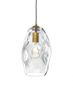The Organic large pendant features a clear glass irregular shade, brass fixture, visible filament bulb, and is suspended by a twisted black cord.