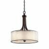 The Lacey 9 light is a bronze pendant chandelier with a white drum shade, hanging by a chain, shown against a plain background.