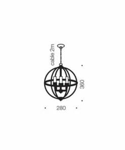 Line drawing of the Kendall 3 light chrome/black spherical pendant, featuring a central geometric fixture, includes a 2m cable, with dimensions of 280mm diameter and 360mm height.
