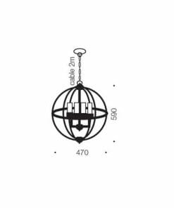 Line drawing of the Kendall 4 light chrome/black spherical pendant fixture with a 2m cable, 470mm width, and 590mm height indicated.