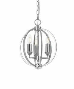 The Kendall 3 light chrome/black features a spherical pendant design with three exposed candle-style bulbs, elegantly suspended by a chain.