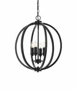 The Kendall 3 light chrome/black chandelier features four exposed candle-style bulbs on a black metal sphere, suspended by a chain.