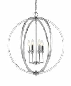 The Kendall 3 light chrome/black features a modern spherical chandelier with four candle-style bulbs, chrome finish, and chain suspension, matching the elegance of the Kendall 3 light collection.