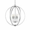 The modern chrome spherical chandelier with four candle-style bulbs on a chain complements the Kendall 3 light chrome/black collection, creating a stylish, unified contemporary design.