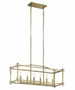 The Cayden 4 Light Small chandelier features a rectangular design with four candle-style bulbs and is suspended by two rods from a rectangular ceiling mount, making it an elegant choice for both small and spacious rooms.