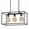 The Collins 6 light pendant is a rectangular black metal fixture with three exposed round bulbs in a row, suspended by two cords.