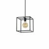 The Collins 6 light pendant has exposed bulbs hanging inside a modern black metal cube frame.
