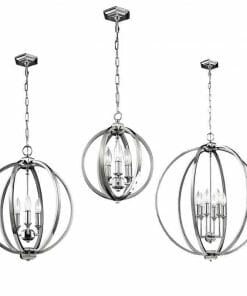 The Corinne 3 small chrome-finished orb pendant lights with exposed bulbs hang elegantly from chains.