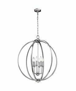 The Corinne 3 small chandelier showcases a modern spherical metal design with three candle-style lights, elegantly suspended by a chain from the ceiling mount.