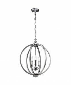 The Corinne 3 small chandelier has a silver spherical design with three candle-style bulbs, hanging elegantly by a chain from a ceiling mount.