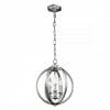The Corinne 3 small features a modern spherical metal frame, three candle-style bulbs inside, and a chain for ceiling mounting.