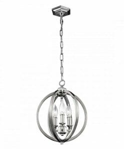 The Corinne 3 small features a modern spherical metal frame, three candle-style bulbs inside, and a chain for ceiling mounting.