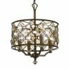 The Mimosa 6 features a bronze cylindrical lattice frame, clear crystal accents, and four candle-style lights for elegance—pair with the matching lamp holder for a coordinated look.