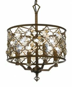 The Mimosa 6 features a bronze cylindrical lattice frame, clear crystal accents, and four candle-style lights for elegance—pair with the matching lamp holder for a coordinated look.