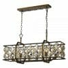 The Mimosa 6 rectangular pendant chandelier features a gold metal frame with a geometric pattern, clear crystal accents, six lamp holders, and hangs from two chains on a rectangular ceiling mount.