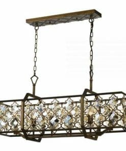 The Mimosa 6 rectangular pendant chandelier features a gold metal frame with a geometric pattern, clear crystal accents, six lamp holders, and hangs from two chains on a rectangular ceiling mount.